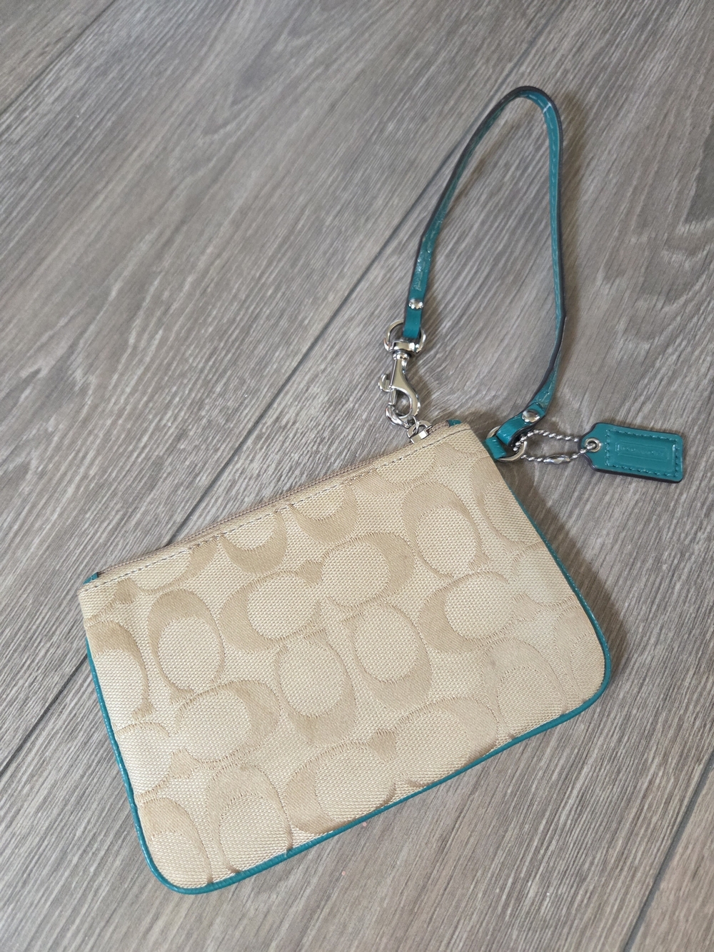 Coach Beige and Teal Signature Wristlet Clutch - Picture 2 of 2